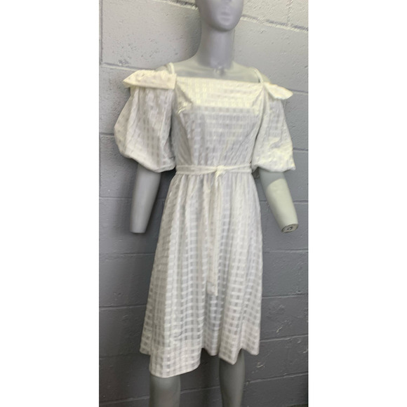 Vtg 70s White Jacquard Midi Dress Off Shoulder Puffy Sleeve Jane Baar SM MED - Picture 1 of 8